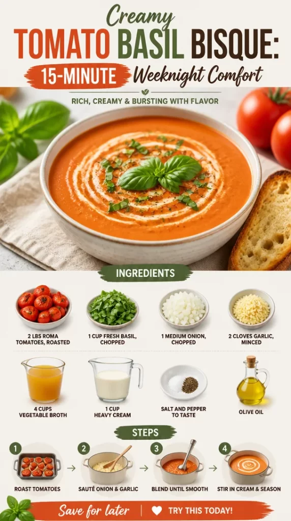 Bowl of creamy tomato basil bisque topped with fresh basil leaves