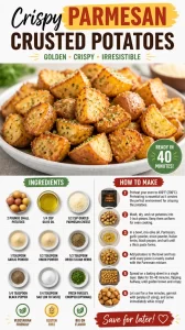Crispy Parmesan crusted potatoes garnished with herbs, served on a plate.