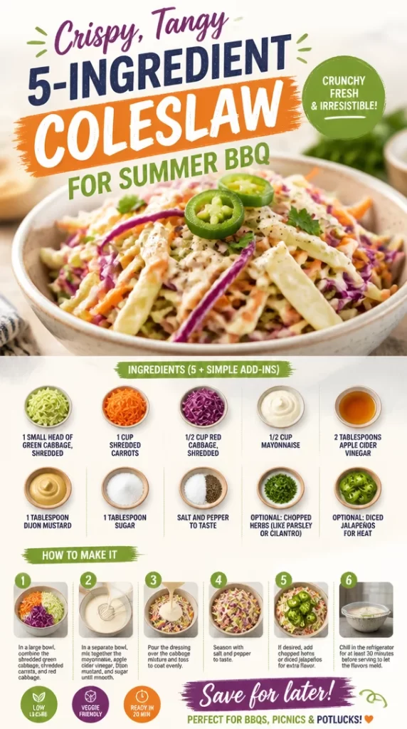 Crispy, tangy 5-ingredient coleslaw served at a summer BBQ