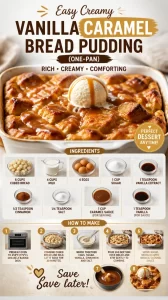 Delicious easy creamy vanilla caramel bread pudding in a baking dish