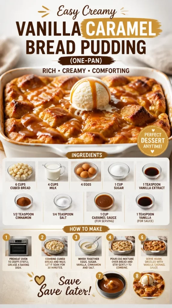 Delicious easy creamy vanilla caramel bread pudding in a baking dish