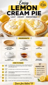 A slice of easy lemon cream pie topped with whipped cream and lemon zest.