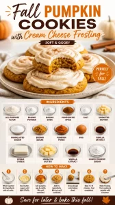 Delicious fall pumpkin cookies with creamy frosting on a rustic wooden table