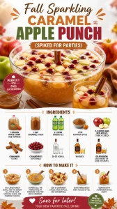 Sparkling caramel apple punch in a festive glass with autumn decor