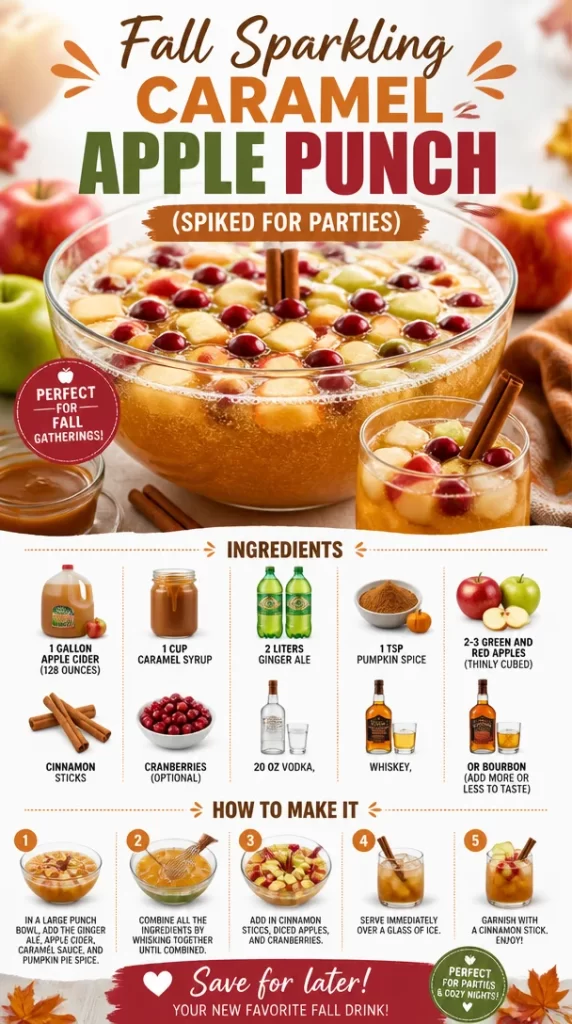 Sparkling caramel apple punch in a festive glass with autumn decor