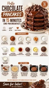 Fluffy chocolate pancakes on a plate, ideal for a quick one-pan breakfast.