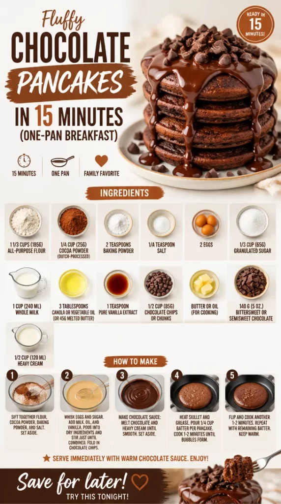 Fluffy chocolate pancakes on a plate, ideal for a quick one-pan breakfast.