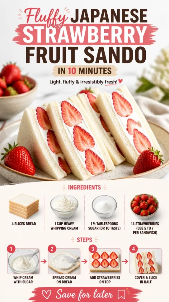 Fluffy Japanese strawberry sando made with fresh strawberries and cream
