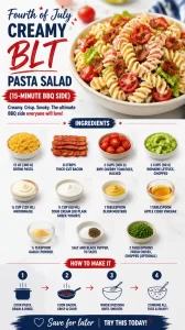 Delicious creamy BLT pasta salad served at a Fourth of July BBQ.