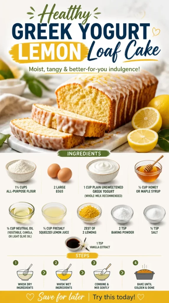 Healthy Greek Yogurt Lemon Loaf Cake sliced on a rustic wooden table