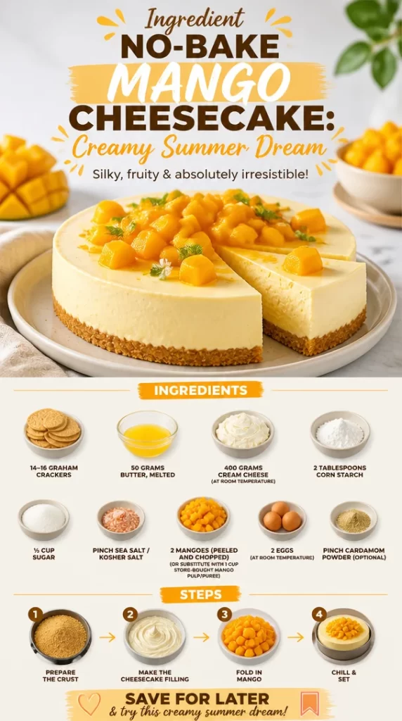 No-bake mango cheesecake topped with fresh mango slices and mint leaves