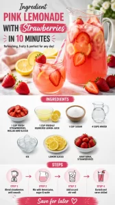 Refreshing pink lemonade with strawberries served in a glass