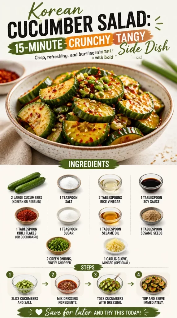 Korean cucumber salad in a bowl, served as a crunchy tangy side dish