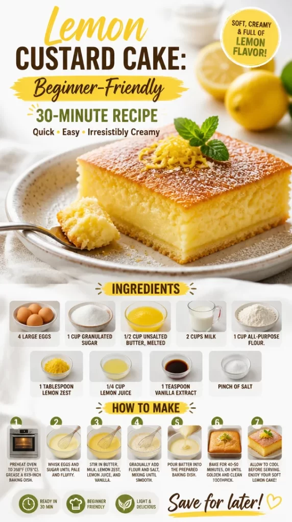Slice of lemon custard cake on a plate, topped with lemon zest.