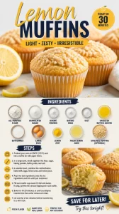 Freshly baked lemon muffins on a wooden table