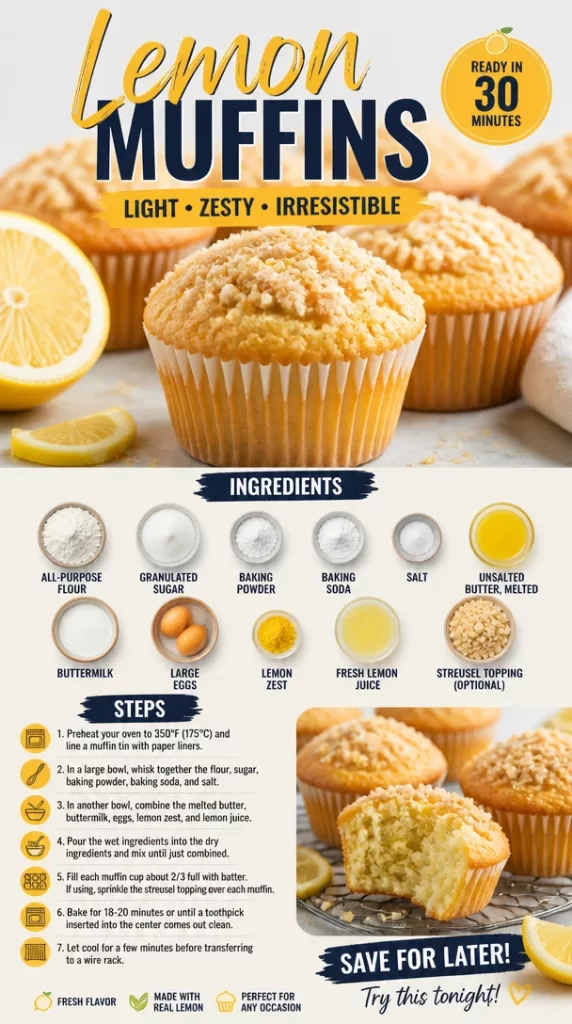 Freshly baked lemon muffins on a wooden table