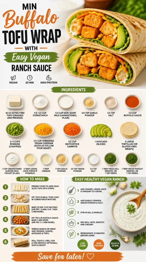 Buffalo Tofu Wrap with Vegan Ranch Sauce on a plate