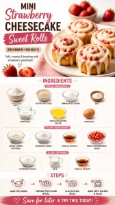 Strawberry cheesecake rolls topped with fresh strawberries and cream cheese frosting