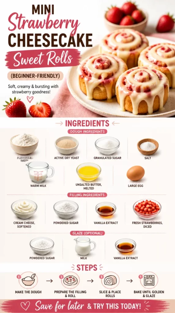 Strawberry cheesecake rolls topped with fresh strawberries and cream cheese frosting