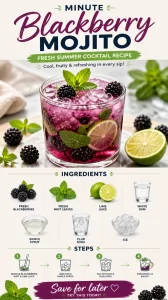 Refreshing Minute Blackberry Mojito cocktail garnished with blackberries and mint