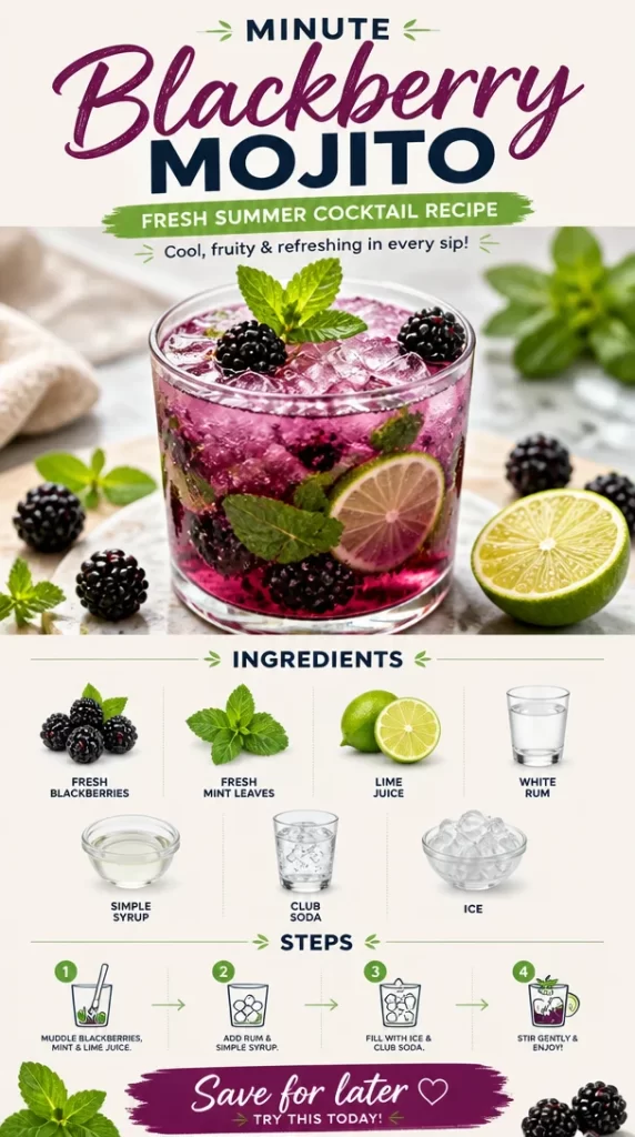 Refreshing Minute Blackberry Mojito cocktail garnished with blackberries and mint