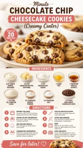 Delicious minute chocolate chip cheesecake cookies with a creamy center