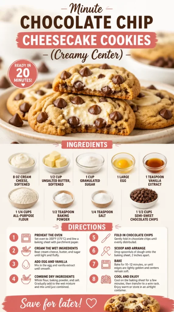 Delicious minute chocolate chip cheesecake cookies with a creamy center