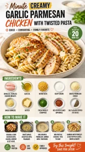 Minute Creamy Garlic Parmesan Chicken served with Twisted Pasta