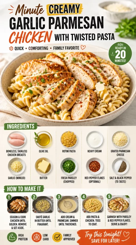 Minute Creamy Garlic Parmesan Chicken served with Twisted Pasta