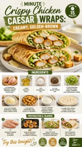 Delicious crispy chicken Caesar wraps, creamy dressing and golden-brown chicken.