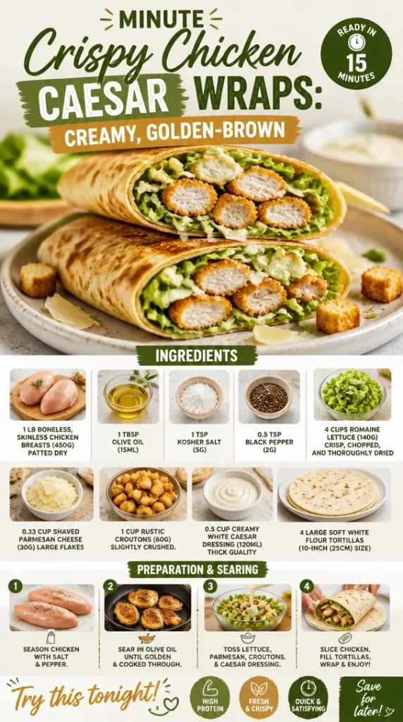 Delicious crispy chicken Caesar wraps, creamy dressing and golden-brown chicken.