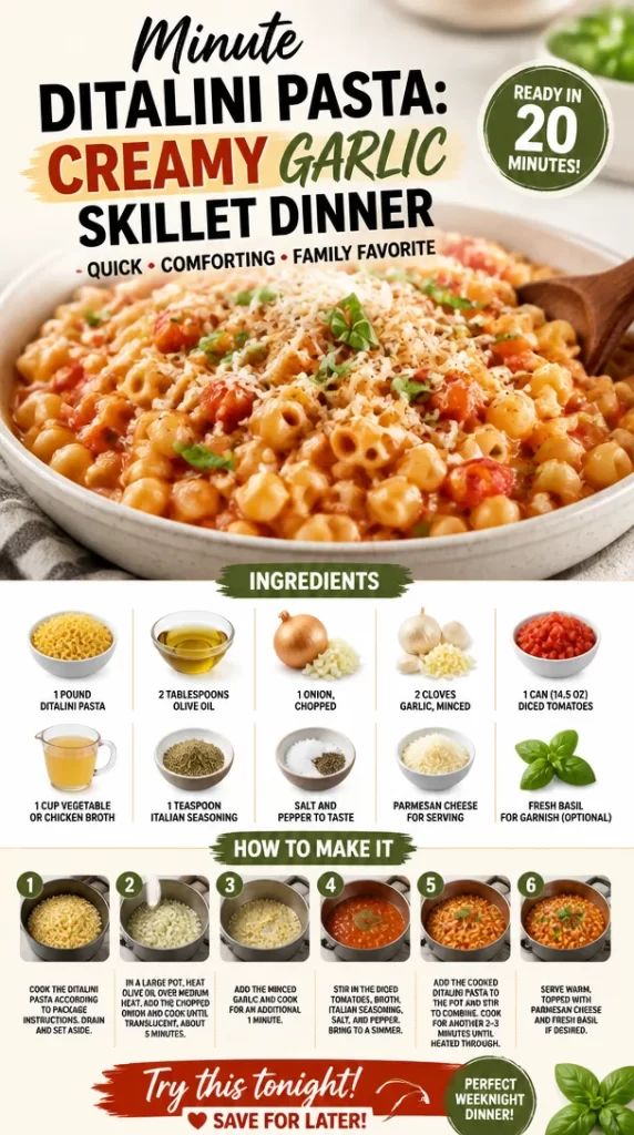 Creamy garlic skillet dinner with ditalini pasta prepared in minutes.