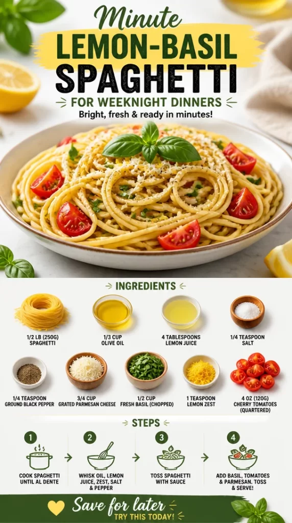 Plate of minute lemon-basil spaghetti garnished with fresh basil and lemon zest