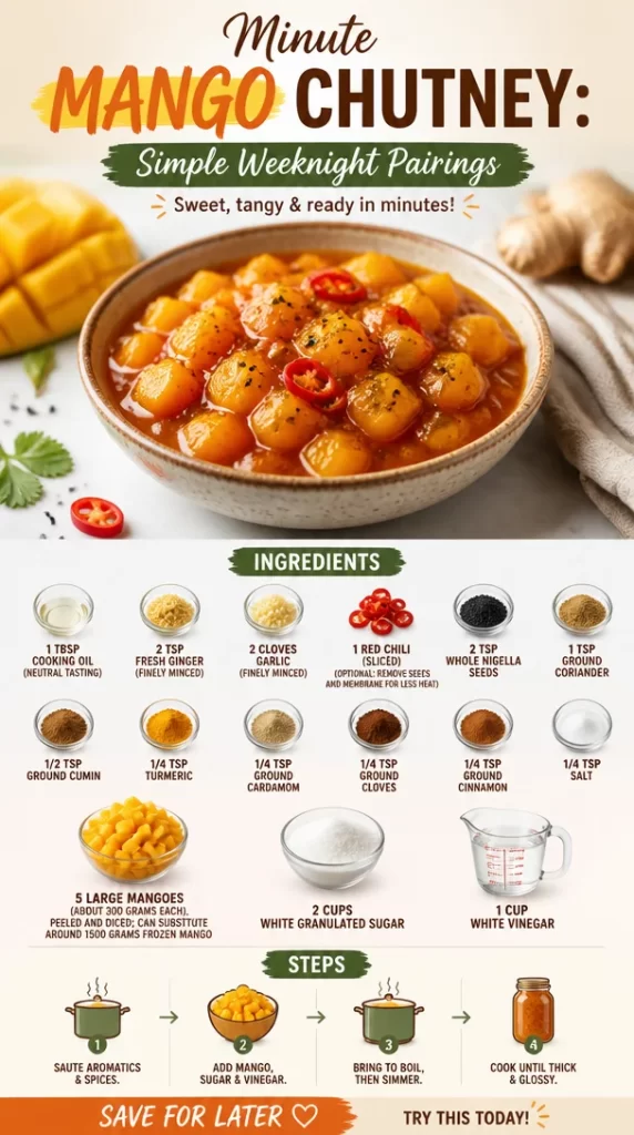 Delicious homemade Minute Mango Chutney served with grilled chicken.