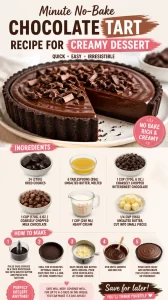 Delicious no-bake chocolate tart topped with chocolate shavings.