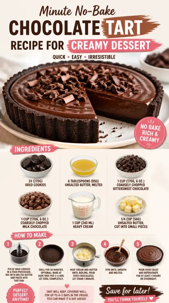 Delicious no-bake chocolate tart topped with chocolate shavings.