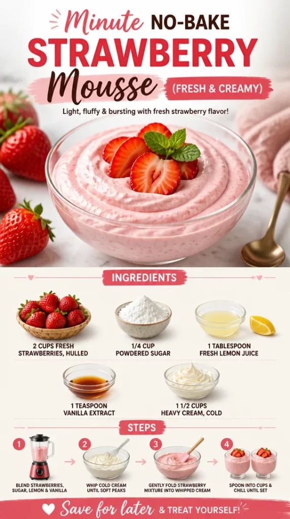 Fresh and creamy no-bake strawberry mousse dessert in a glass