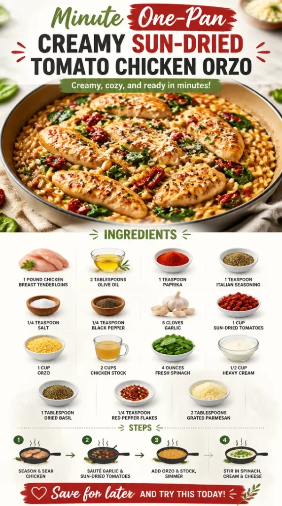 Creamy sun-dried tomato chicken orzo in a frying pan with herbs