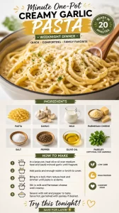 One-pot creamy garlic pasta dish served in a bowl
