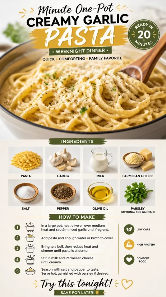 One-pot creamy garlic pasta dish served in a bowl