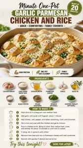 One-Pot Garlic Parmesan Chicken and Rice dish topped with herbs and spices.