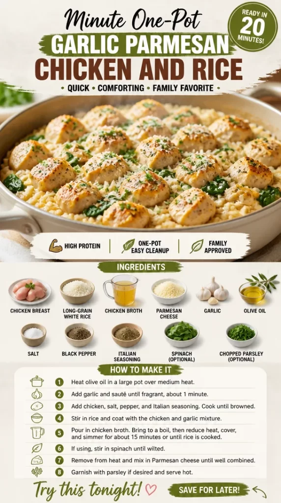 One-Pot Garlic Parmesan Chicken and Rice dish topped with herbs and spices.