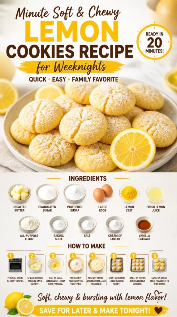Delicious soft and chewy lemon cookies on a plate, perfect for weeknight desserts.