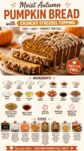 Moist autumn pumpkin bread with crunchy streusel topping on a wooden table