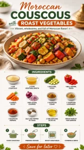 Delicious Moroccan couscous with colorful roast vegetables on a plate