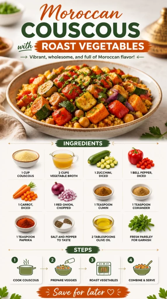 Delicious Moroccan couscous with colorful roast vegetables on a plate