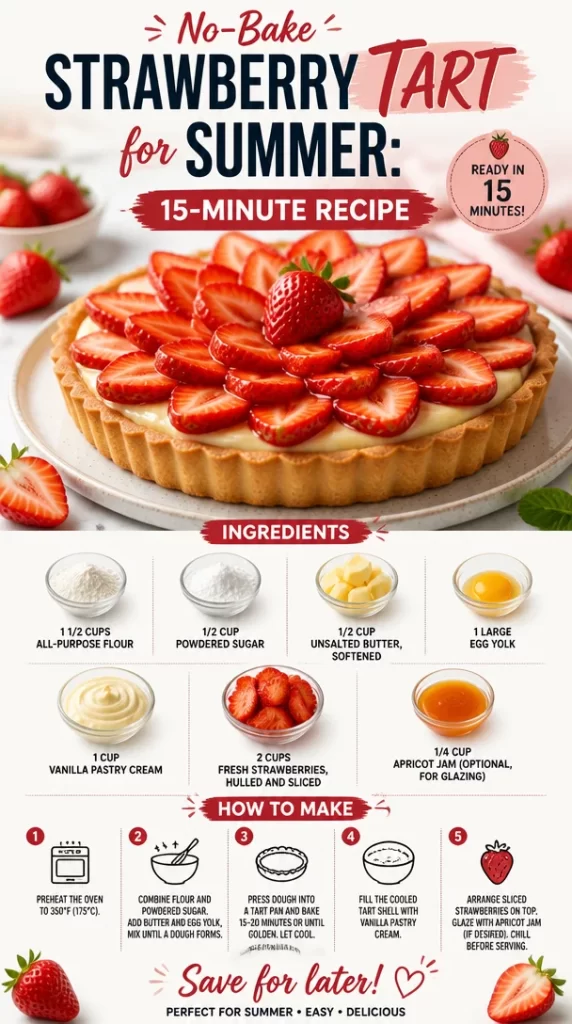 No-bake strawberry tart topped with fresh strawberries and whipped cream