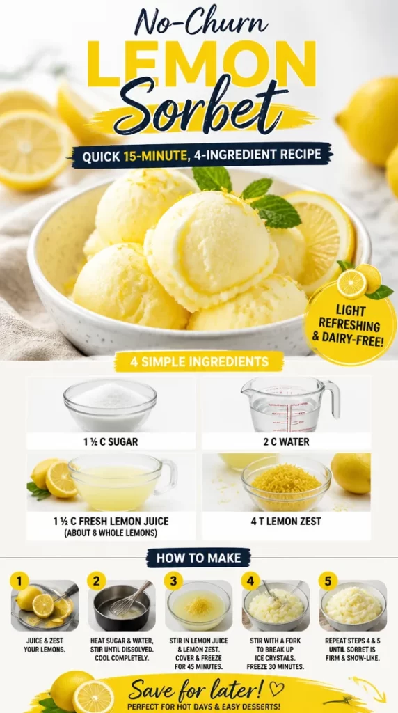 Bowl of no-churn lemon sorbet made with four simple ingredients