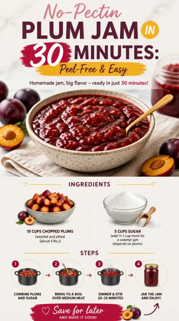 Easy no-pectin plum jam recipe made in 30 minutes without peeling