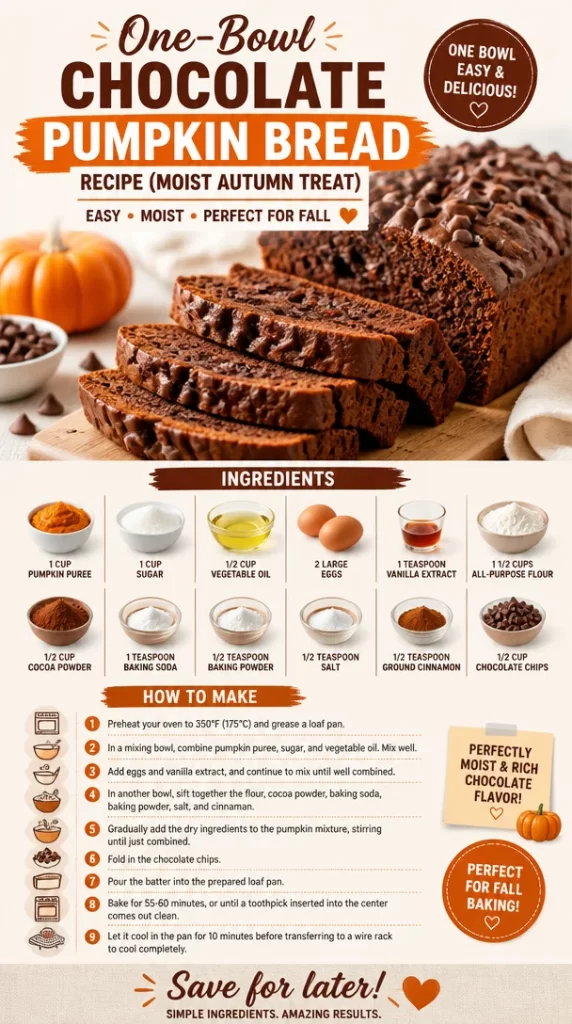 Delicious one-bowl chocolate pumpkin bread topped with chocolate chips.